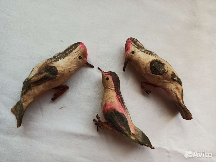 Редкие старинные ватные ёлочные игрушки. Птицы