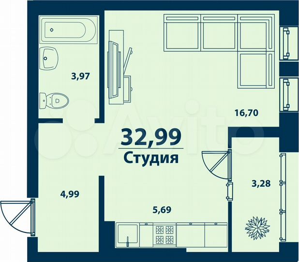 Квартира-студия, 33 м², 9/9 эт.