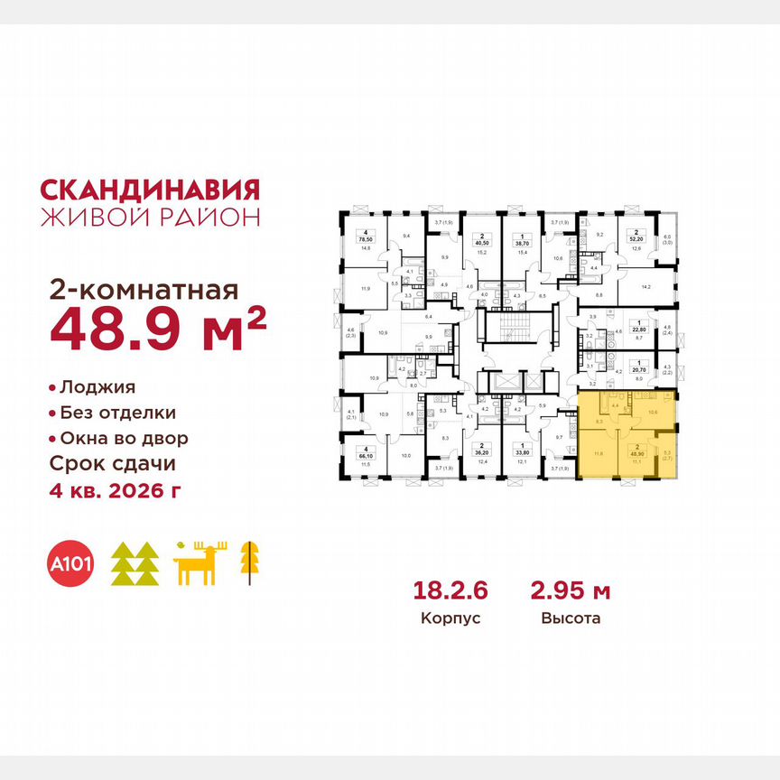 2-к. квартира, 48,9 м², 11/18 эт.