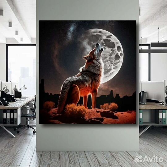 Большая картина маслом в интерьер Волк и луна