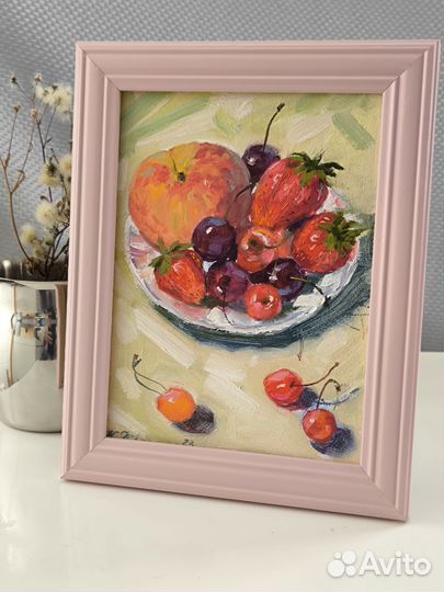 Картина натюрморт маслом миниатюра в рамке