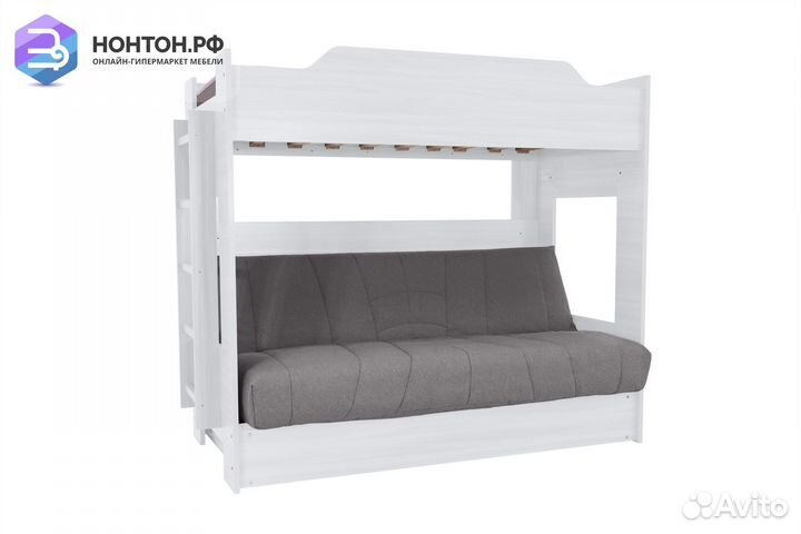 Двухъярусная кровать с диван-кроватью серый / белы