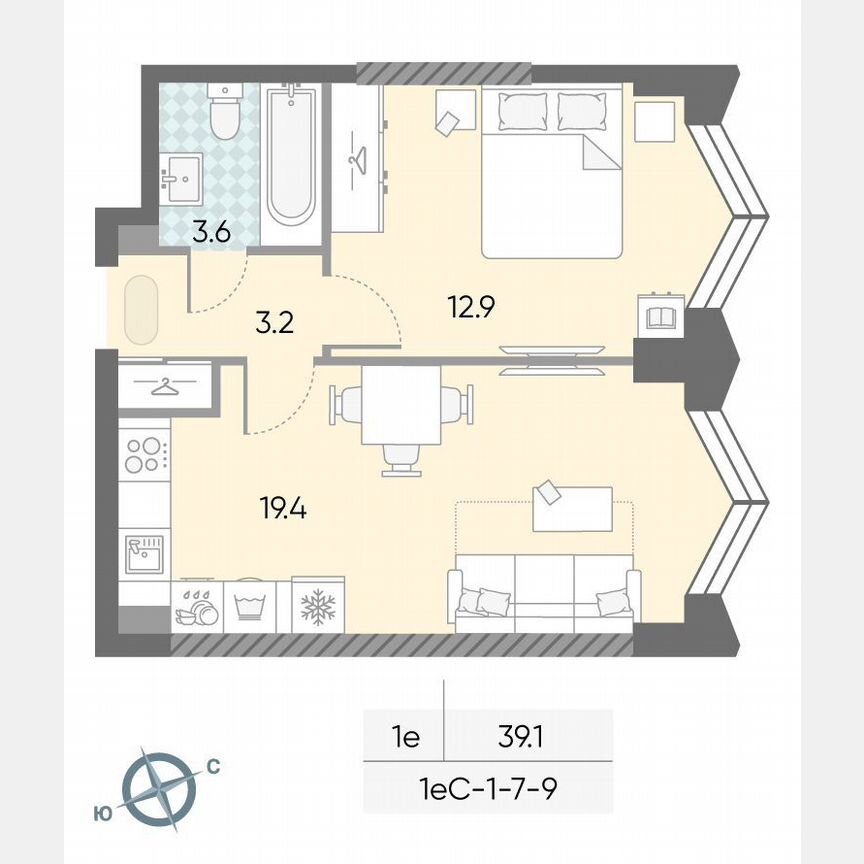 1-к. квартира, 39,1 м², 8/43 эт.