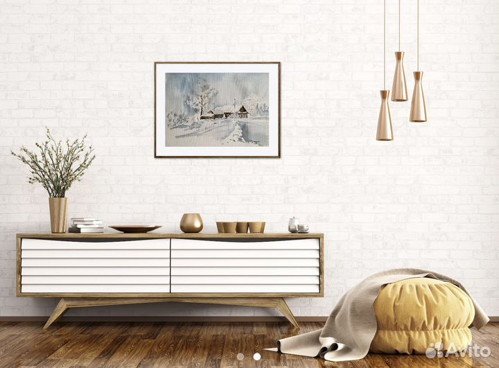 Картина, Зима, акварель пейзаж