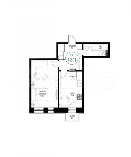 2-к. квартира, 45 м², 6/6 эт.