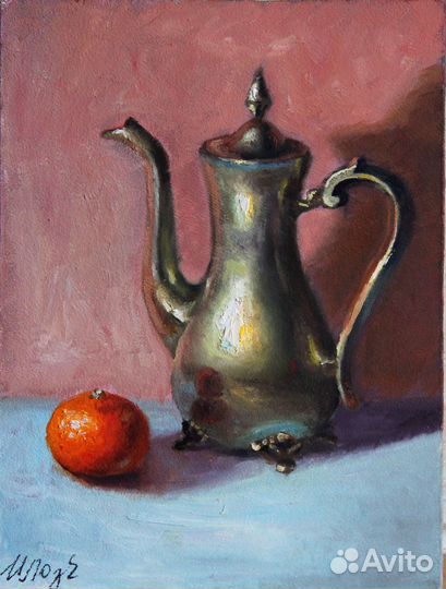 Картина маслом натюрморт Кофейник и мандарин