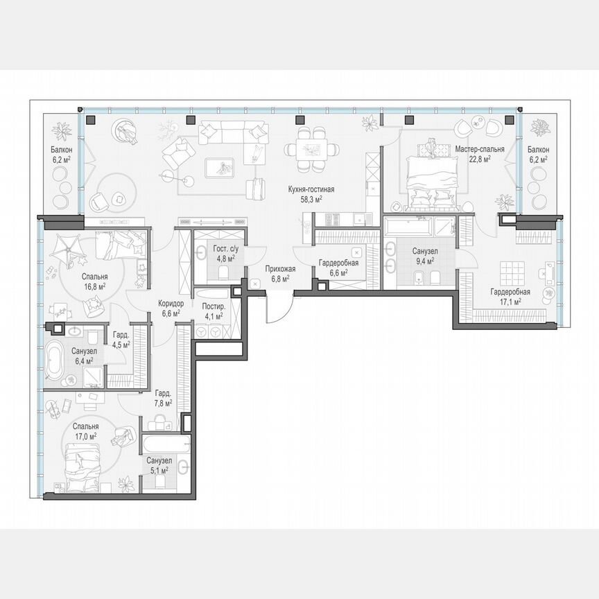3-к. квартира, 197,6 м², 5/10 эт.