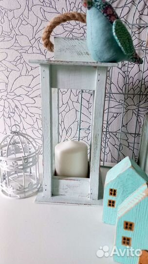 Ящик деревянный, фонарь-подсвечник, домики