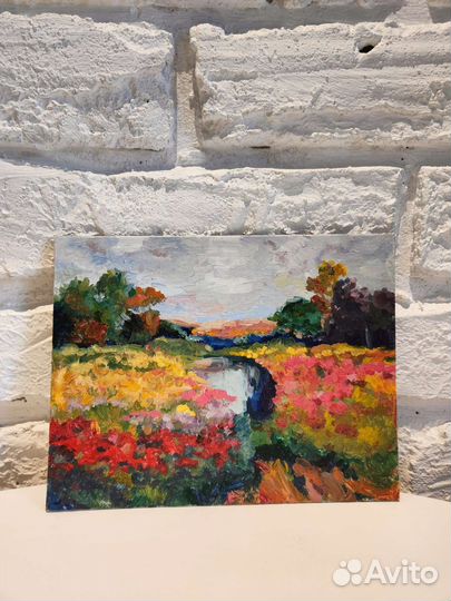 Картина маслом на картоне, пейзаж. В наличии