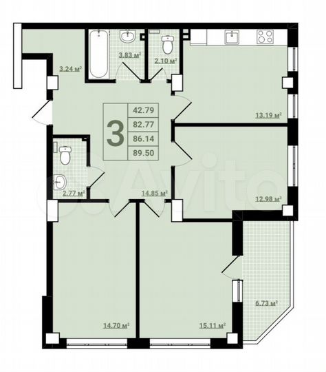 3-к. квартира, 89,5 м², 5/18 эт.