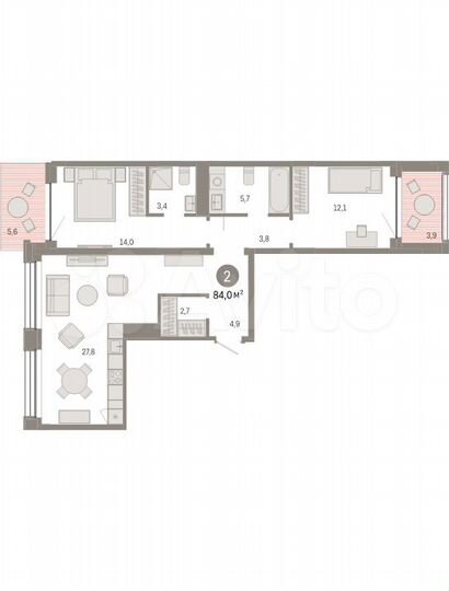 2-к. квартира, 84 м², 2/8 эт.