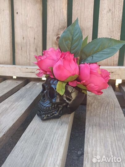 Череп. Искусственные деревья и цветы. Кашпо