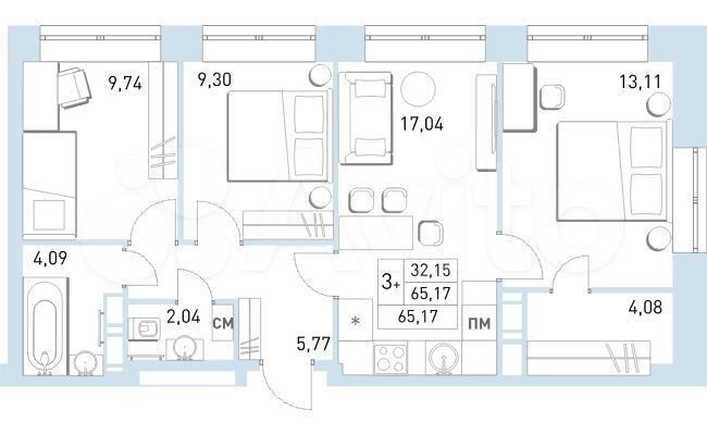 4-к. квартира, 65,2 м², 4/17 эт.