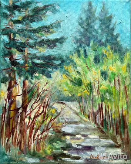 Картина маслом с пейзажем весна холст