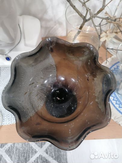 Ваза для фруктов на ножке цветное стекло СССР