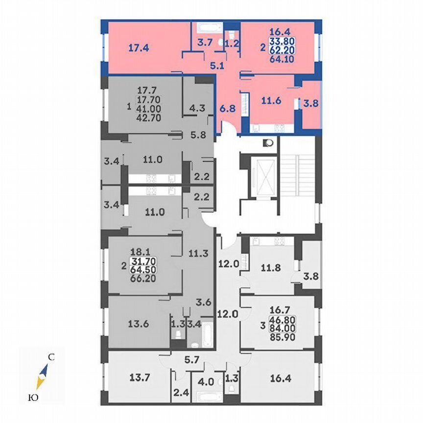 2-к. квартира, 64,1 м², 3/7 эт.