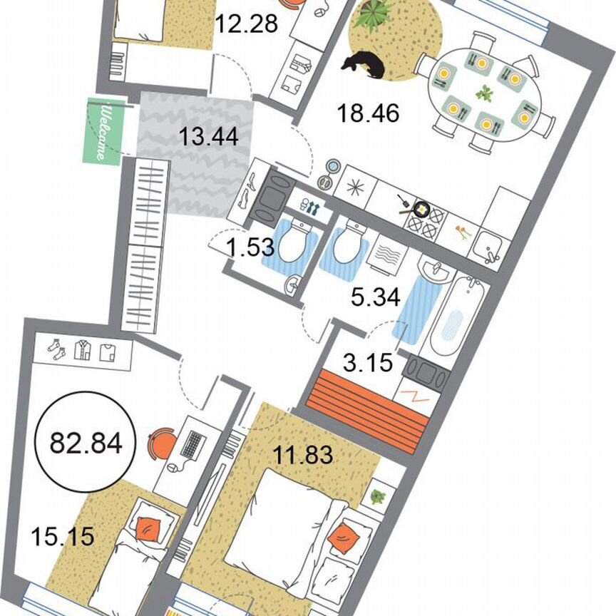 3-к. квартира, 82,8 м², 8/12 эт.