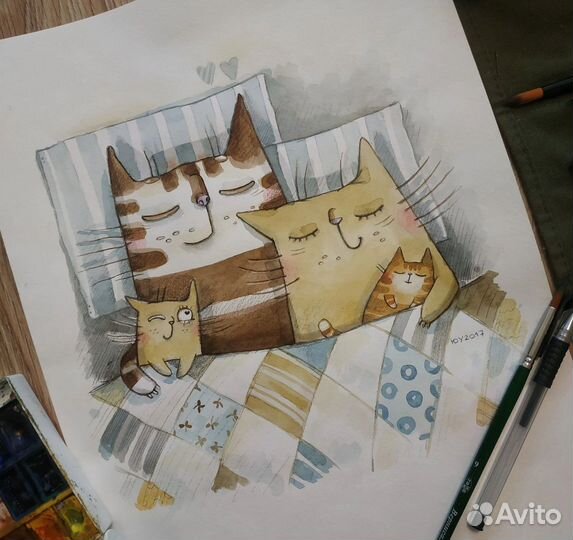 Картины с котиками акварель коты