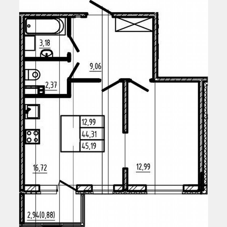 2-к. квартира, 44,3 м², 3/4 эт.