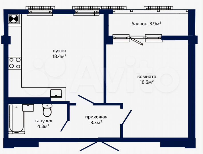 1-к. квартира, 46,4 м², 6/9 эт.
