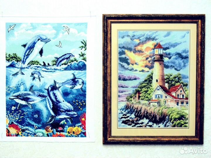 Маяк, Дельфины вышивка крестом