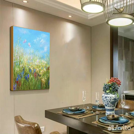 Картина летний пейзаж Разнотравье ромашки маки