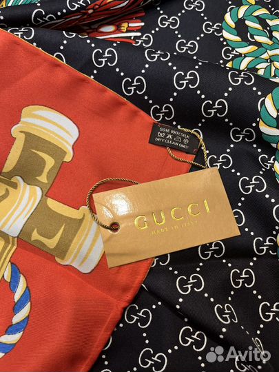 Платок шаль шелковый Gucci черный с красным новый