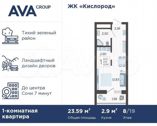 Квартира-студия, 23,6 м², 8/19 эт.