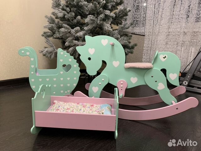 Лошадка качалка деревянная, коляска, кроватка