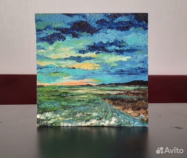 Пейзаж в синих тонах. Небольшая картина 20х20см