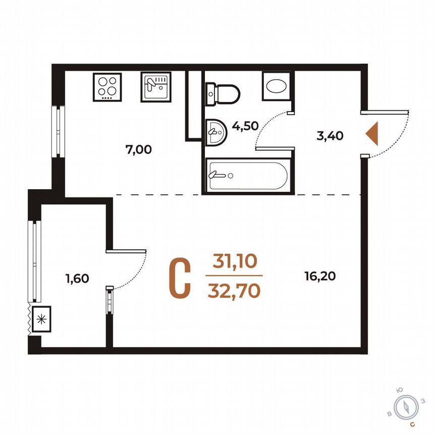 Квартира-студия, 32,7 м², 5/8 эт.