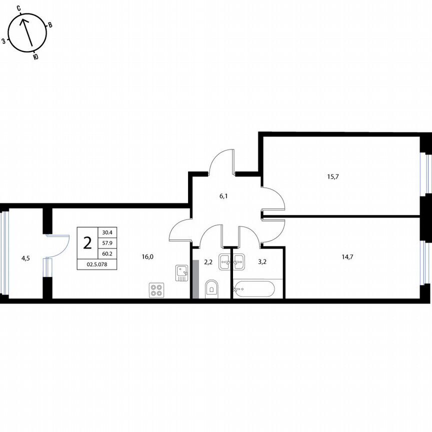 2-к. квартира, 60,2 м², 2/3 эт.