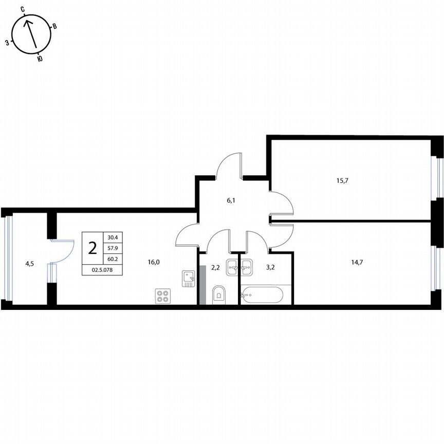 2-к. квартира, 60,2 м², 2/3 эт.