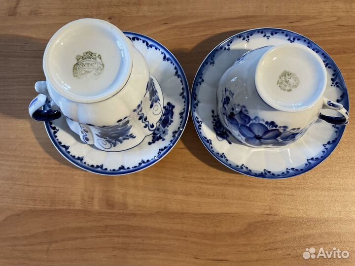 Гжель бокал и чашка с блюдцами