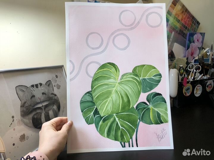 Картина комнатный цветок Филодендрон акварель