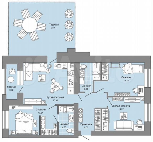 3-к. квартира, 92 м², 4/4 эт.