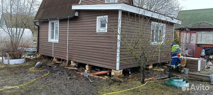 Замена ремонт фундамента, подъем передвижение дома