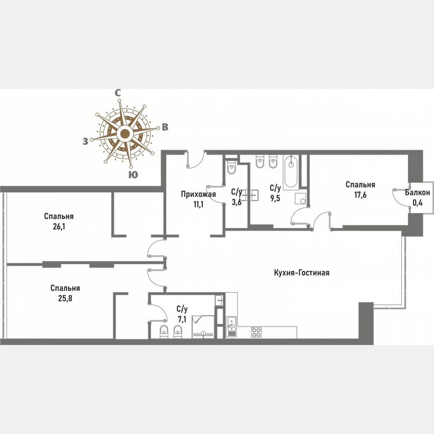 3-к. квартира, 150,5 м², 12/15 эт.