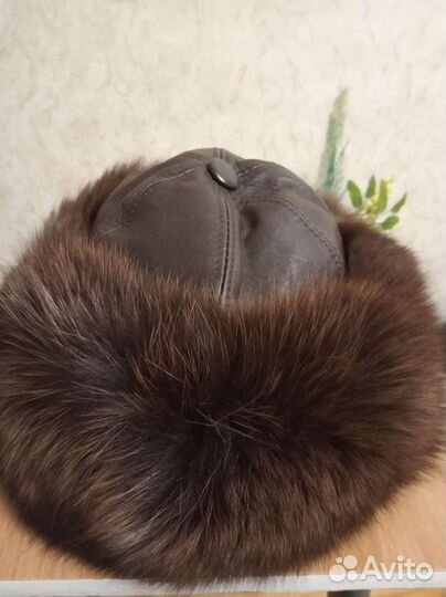 Шапка женская кожа+ натуральный мех песца