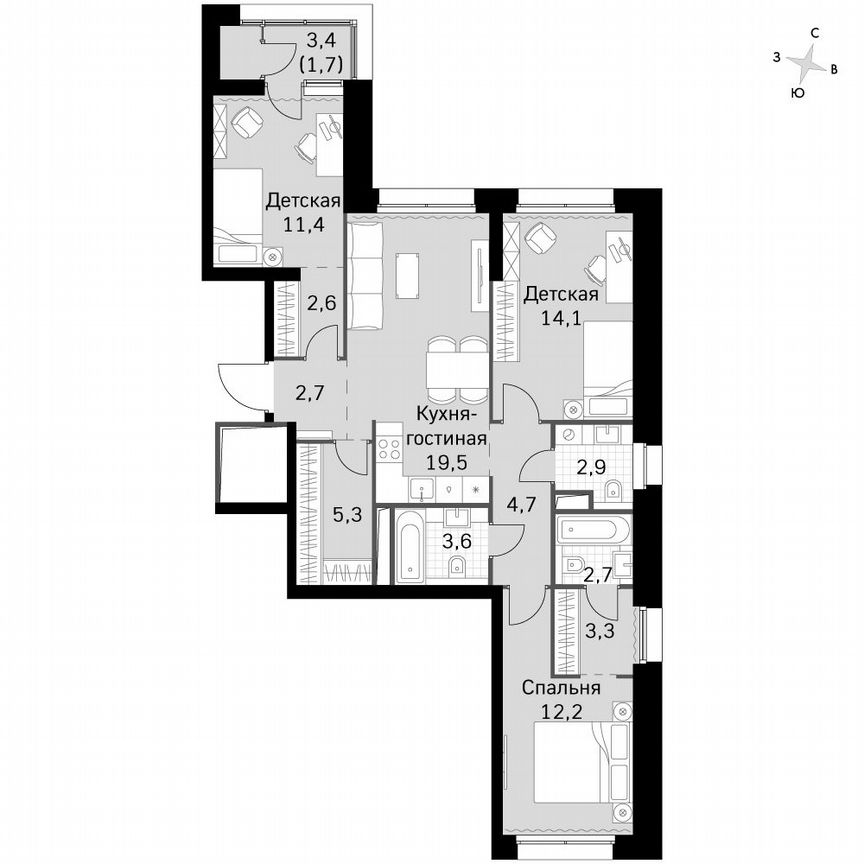 3-к. квартира, 87,5 м², 40/40 эт.