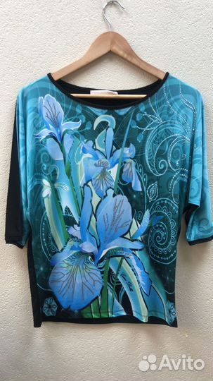 Блузка черно-голубая рисунок цветы, с люрексом, ра
