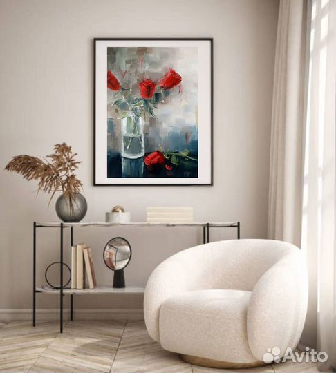 Букет роз красные цветы интерьерная картина
