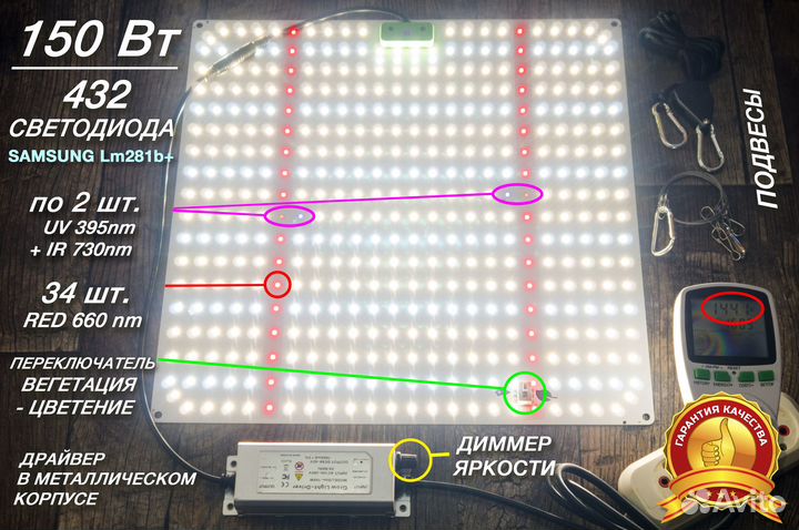 Фитолампа Pro 150 Вт Samsung LM281b+ Quantum Board