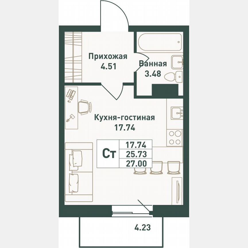 Квартира-студия, 27 м², 4/16 эт.