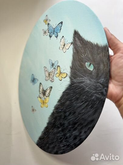 Картина маслом кот и бабочки