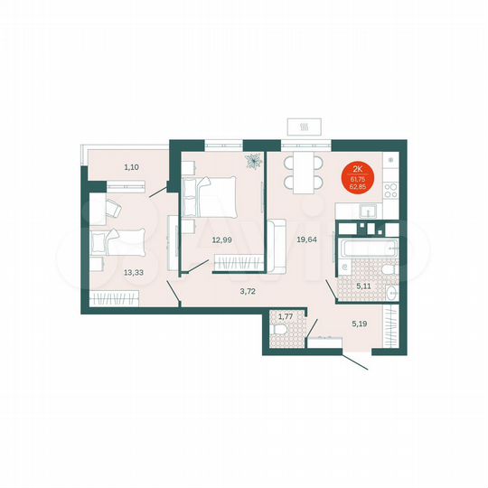 2-к. квартира, 61,8 м², 21/24 эт.