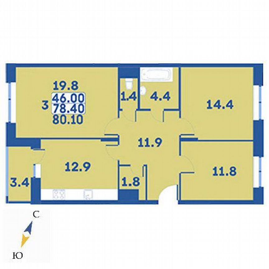 3-к. квартира, 80,1 м², 6/7 эт.