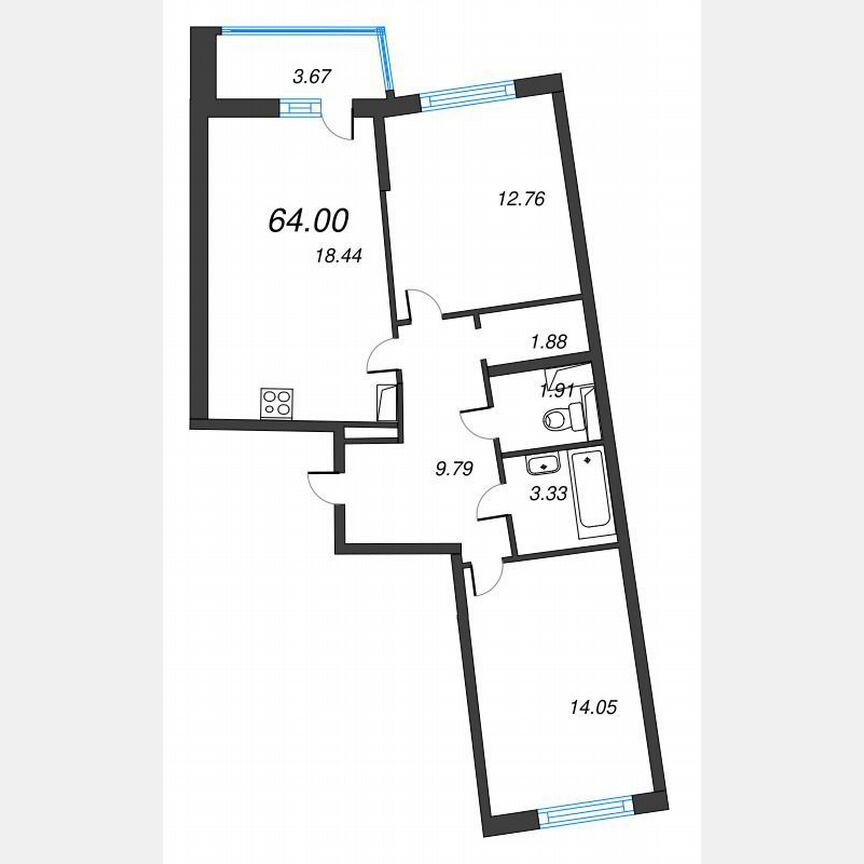 2-к. квартира, 65,8 м², 4/22 эт.