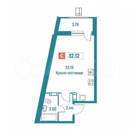 Квартира-студия, 32,1 м², 17/18 эт.