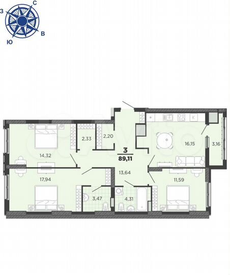 3-к. квартира, 89,1 м², 10/25 эт.